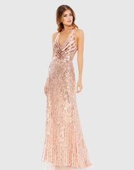 Pink Sleeveless Faux Wrap Sequin Embellished Cut Out Back Gown