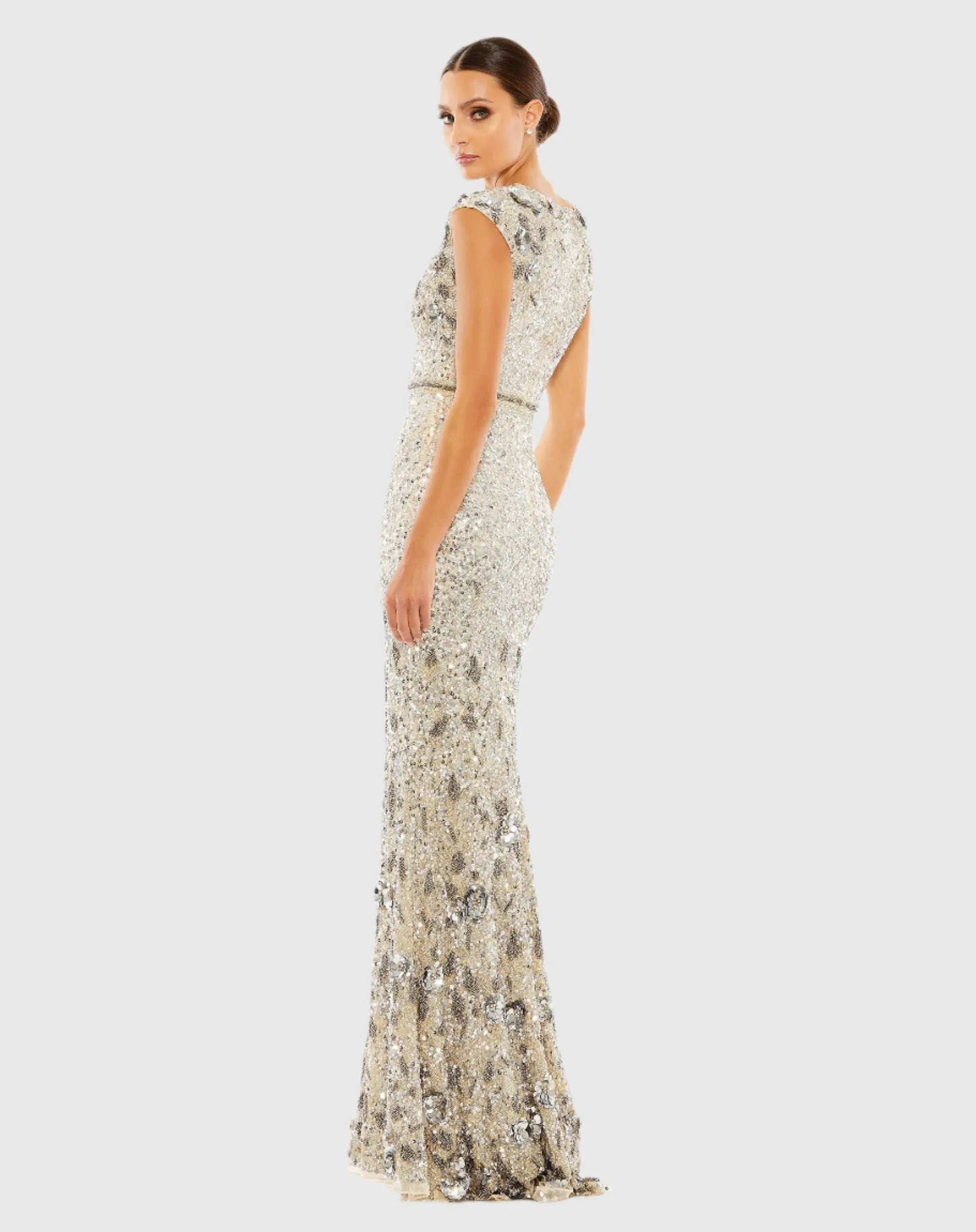 White and Silver Embellished V Neck Cap Sleeve Sequin Gown
