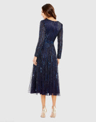 Navy Long Sleeve Tea Length Dress