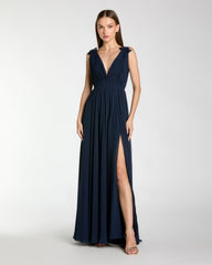 Sleeveless Pleated Chiffon V-Neck Gown
