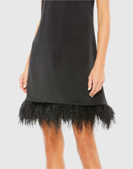 Black Feathered Hem High Neck Sleeveless Trapeze Dress - Final Sale