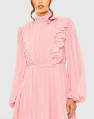 Pink Draped High Neck Long Sleeve Mini Dress