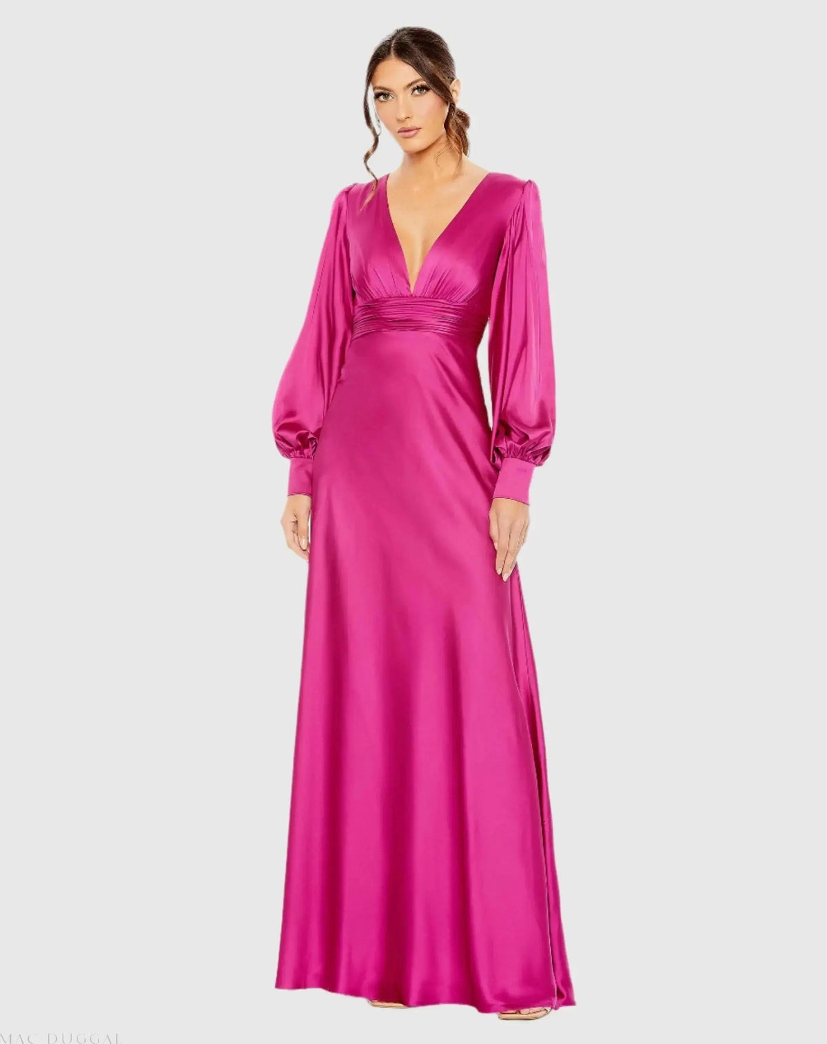 Pink Charmeuse Bishop Sleeve V Neck Gown - Final Sale