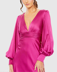 Pink Charmeuse Bishop Sleeve V Neck Gown - Final Sale