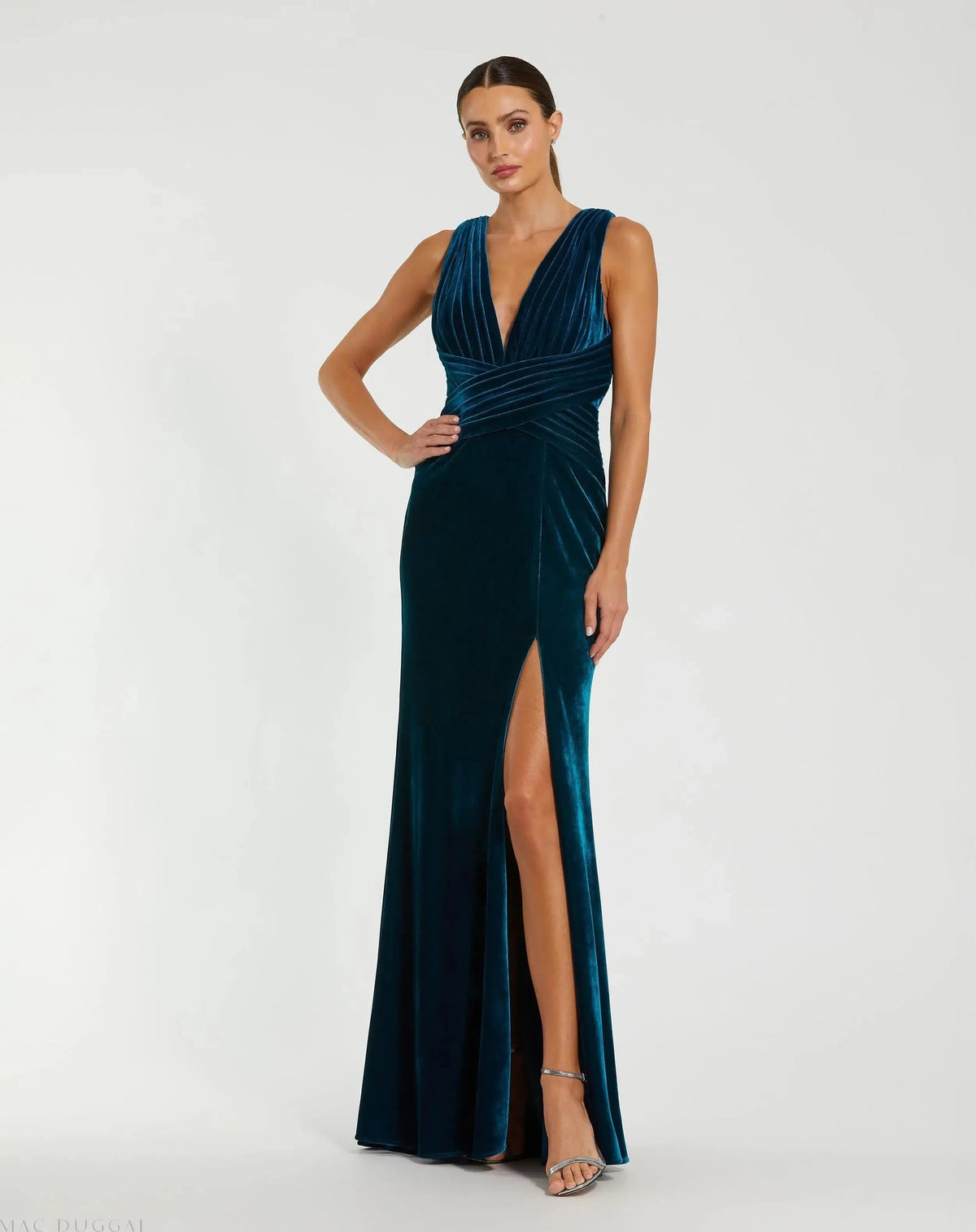 Blue Sleeveless Plunge Neck Pleated Velvet Gown