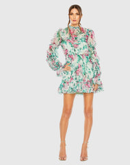 Green Floral High Neck Ruffle Sleeve Mini Dress