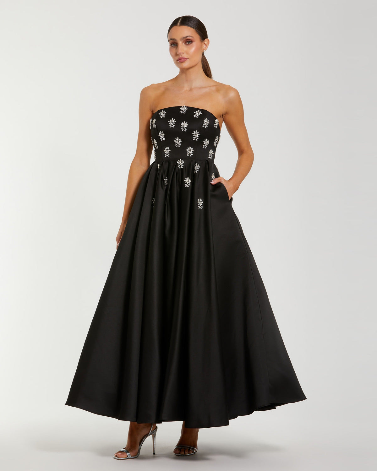 Crystal Embellished Strapless Satin A-Line Dress