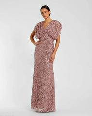Draped Sleeve V Neck Gown