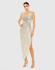 Sequined Faux Wrap Sleeveless Midi Dress