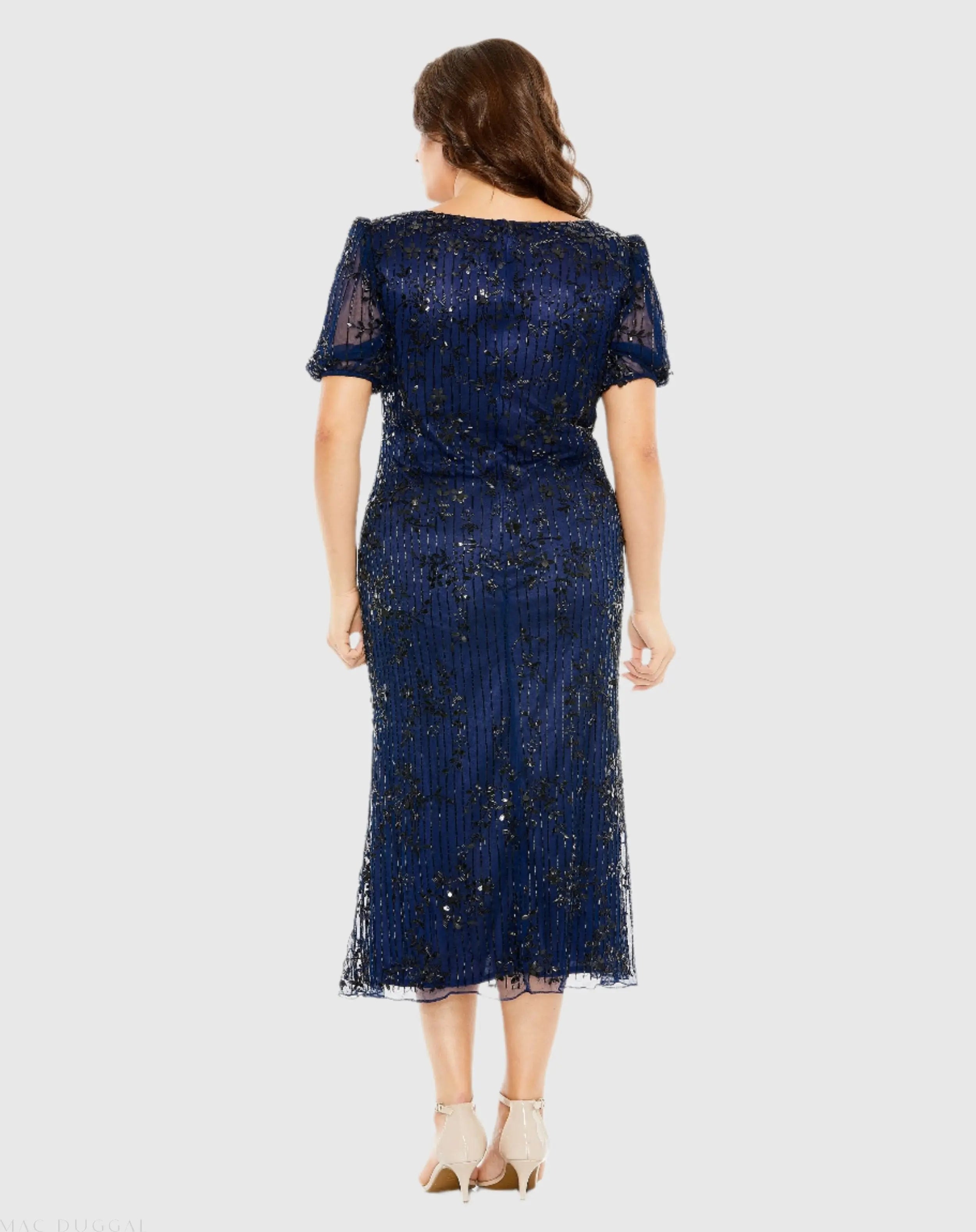 Navy High Neck Puff Sleeve Embellished Dress