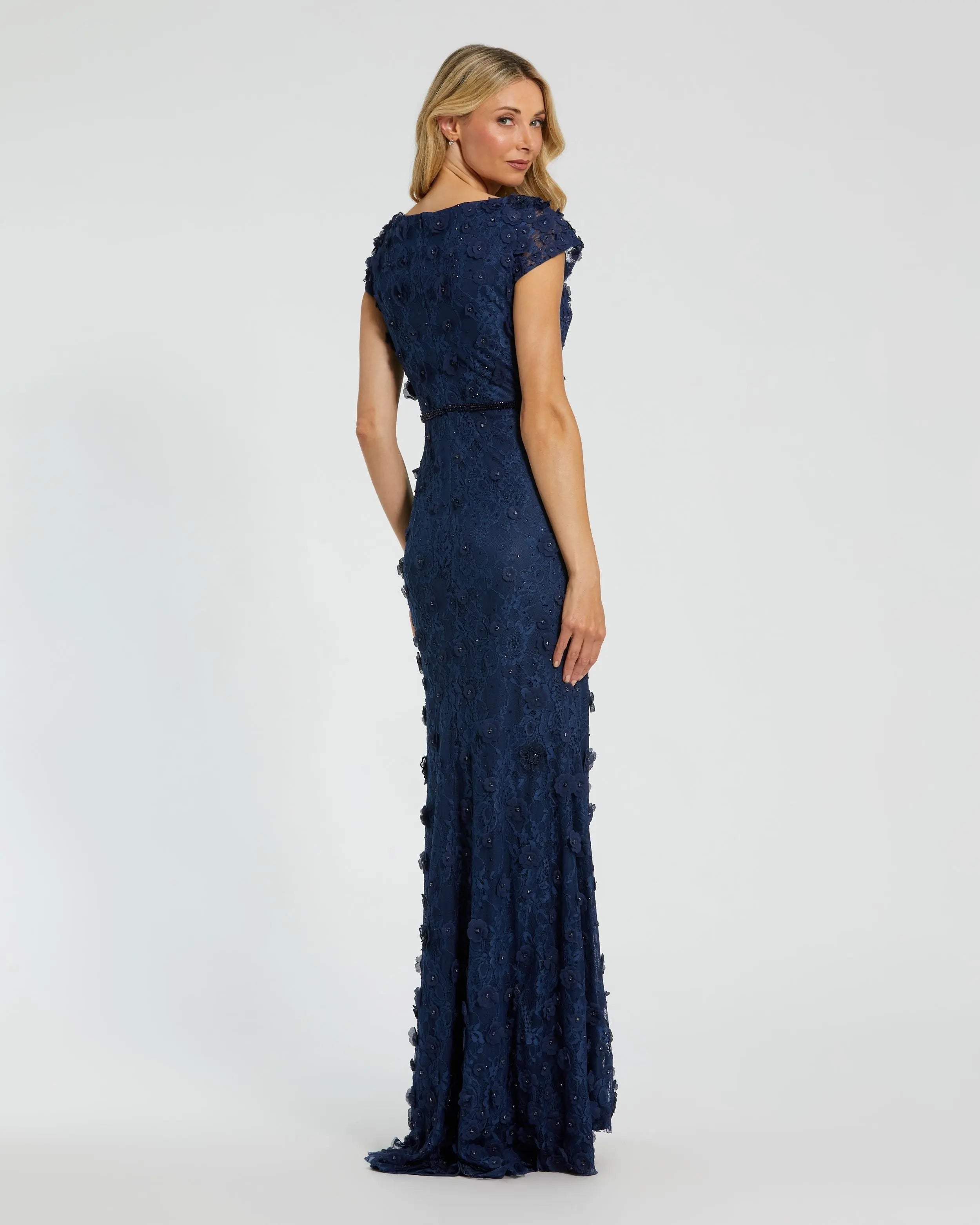 Navy Floral Applique Boat Neck Cap Sleeve Gown