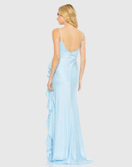 Blue V-Neck Spaghetti Strap Satin Gown