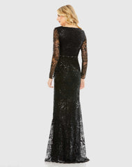Black Embellished Wrap Over Long Sleeve Gown