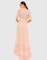 Pink Ruffled Mock Neck Flutter Sleeve High Low Hem Gown