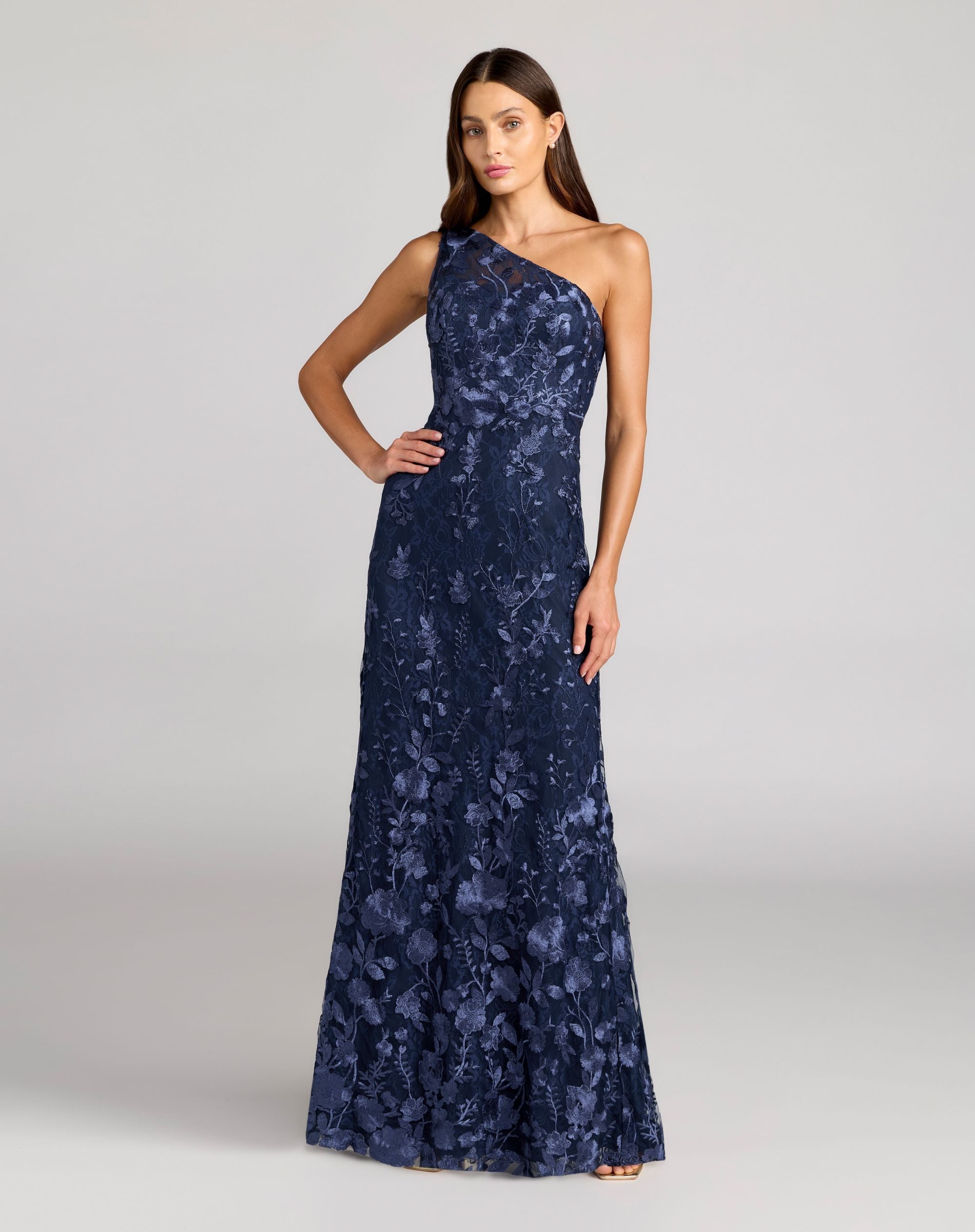 One Shoulder Floral Embroidered Gown