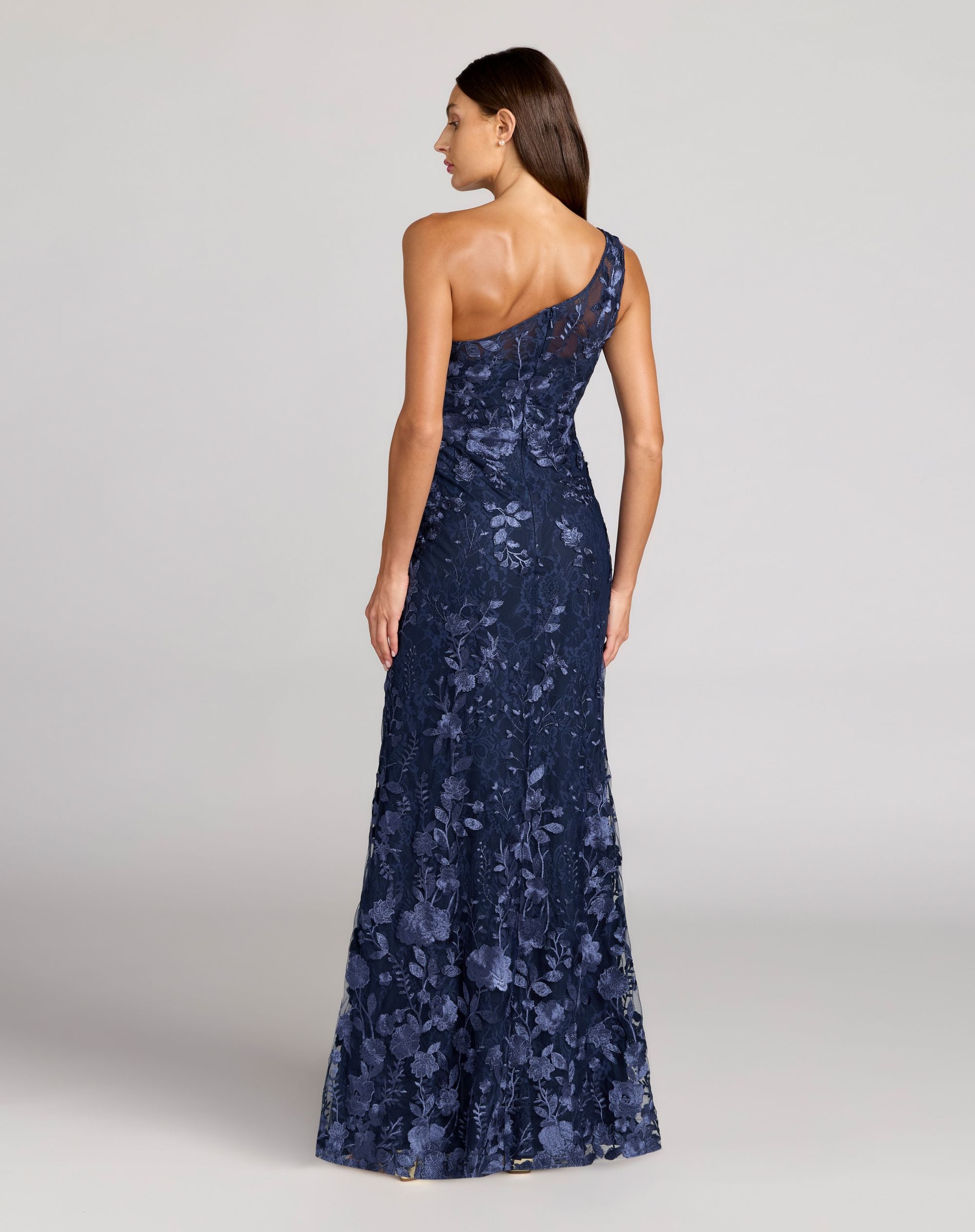 Navy One Shoulder Floral Embroidered Gown