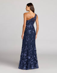Navy One Shoulder Floral Embroidered Gown