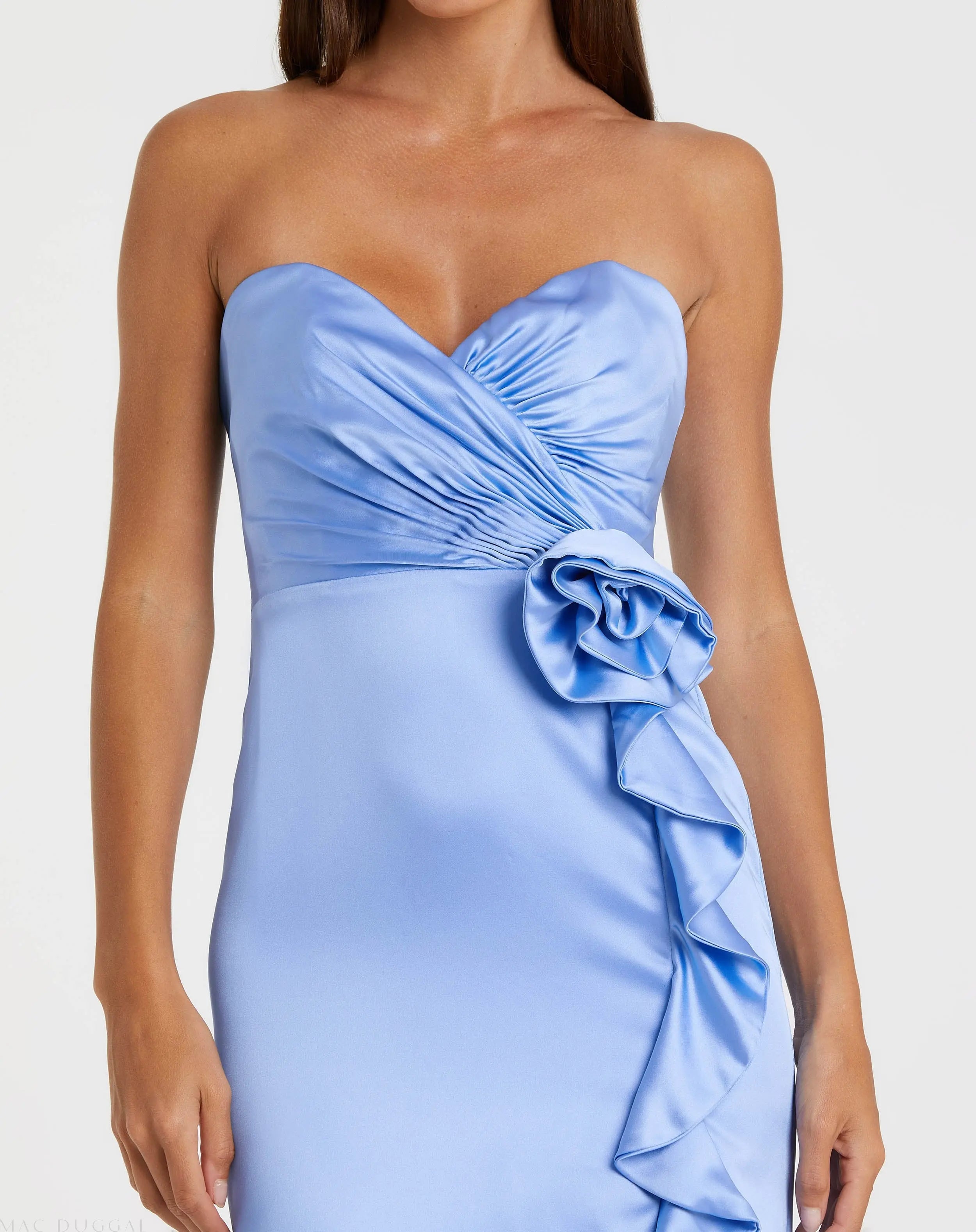 Blue Strapless Satin Column Gown With 3D Flower