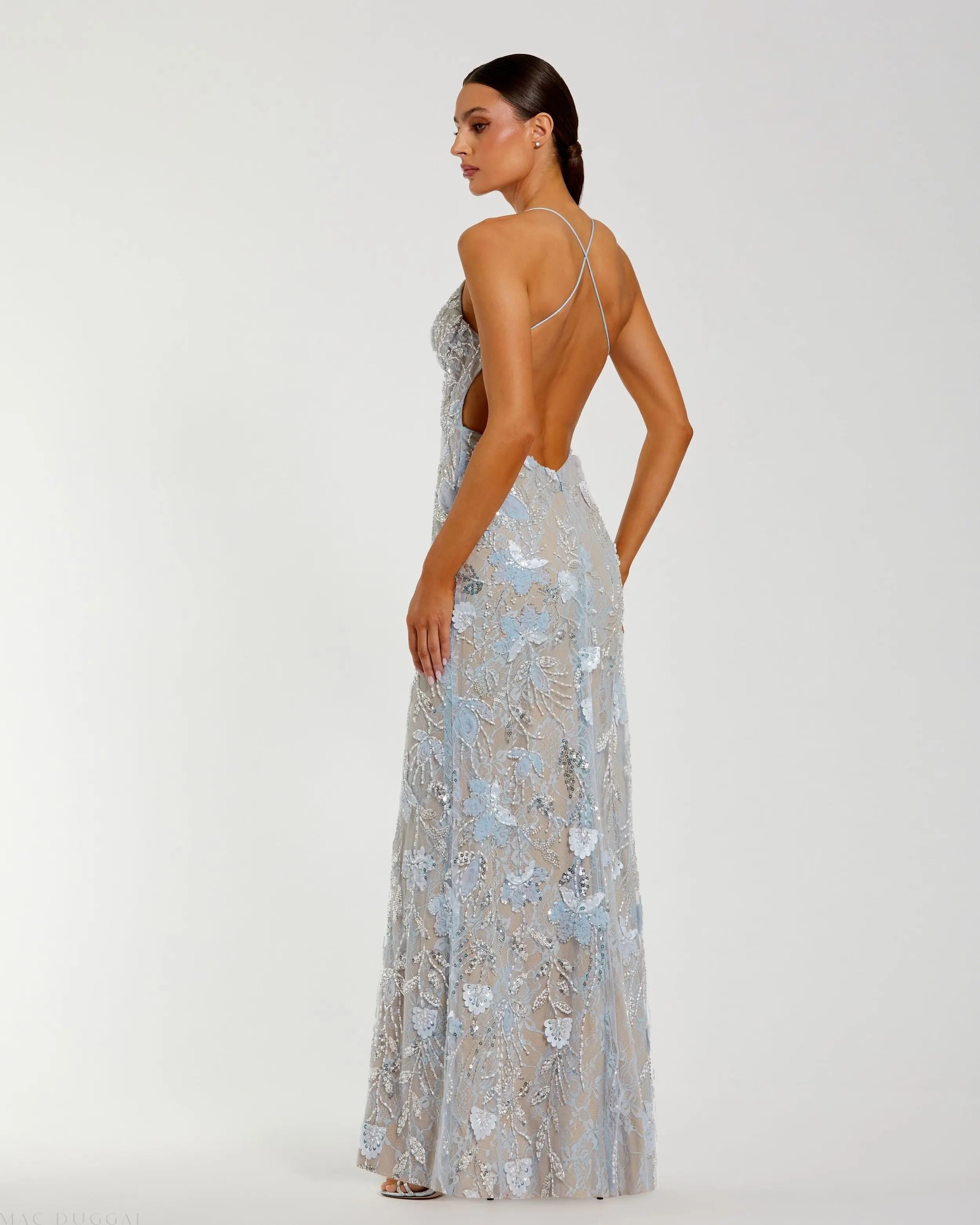 Blue Embroidered Sleeveless Open Back Column Gown