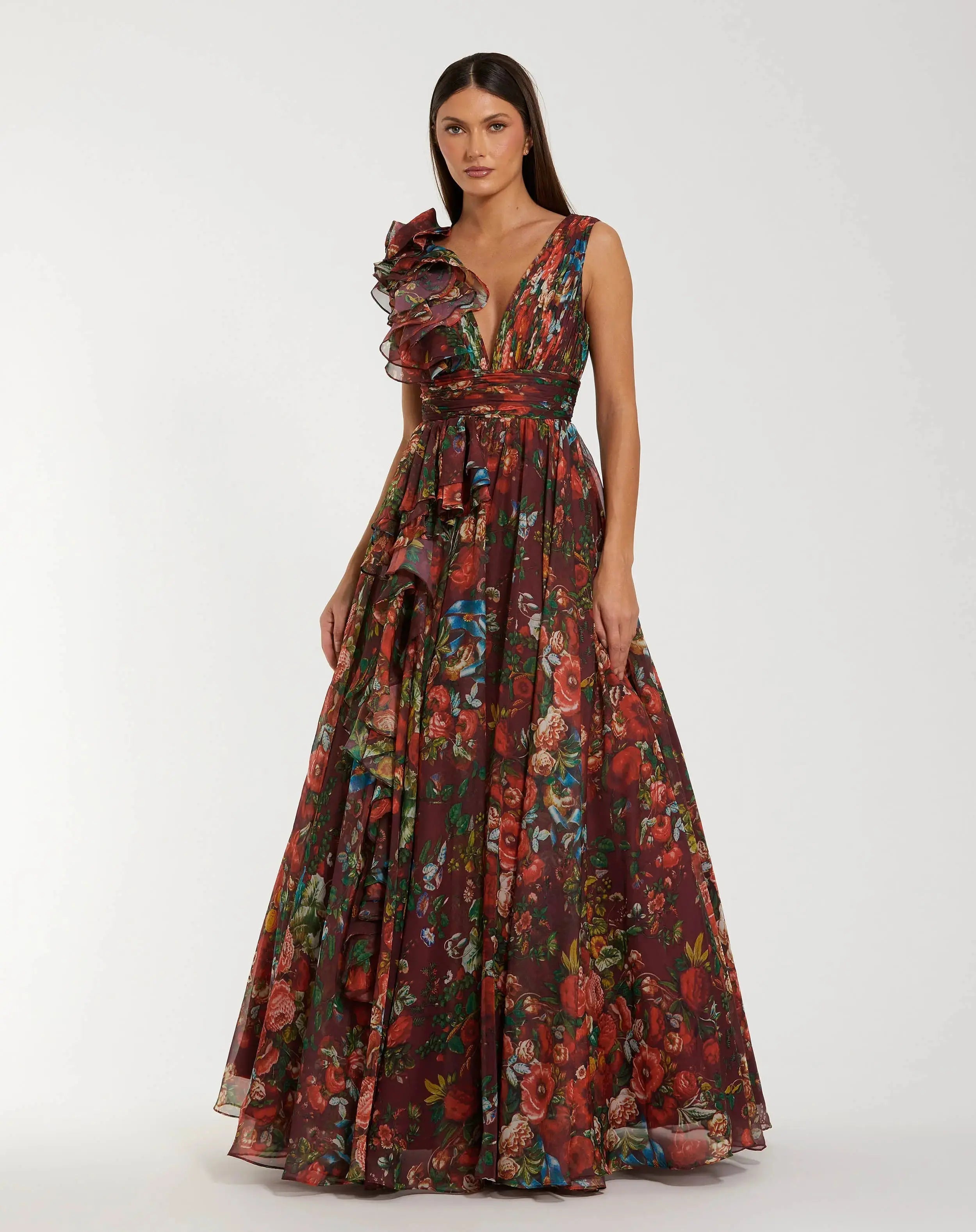 Sleeveless V-Neck Floral Chiffon Ruffle Ball Gown