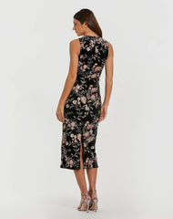 Black Velvet High Neck Sequined Midi Dress with Multicolor Embroidery