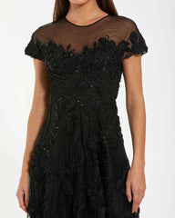 Black Embellished Lace Illusion Neck A-Line Midi Dress