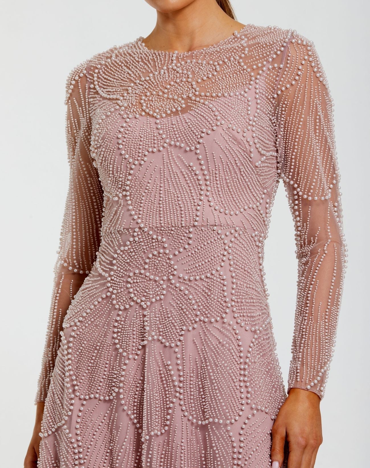 Pink Beaded High Neck Long Sleeve A Line Gown