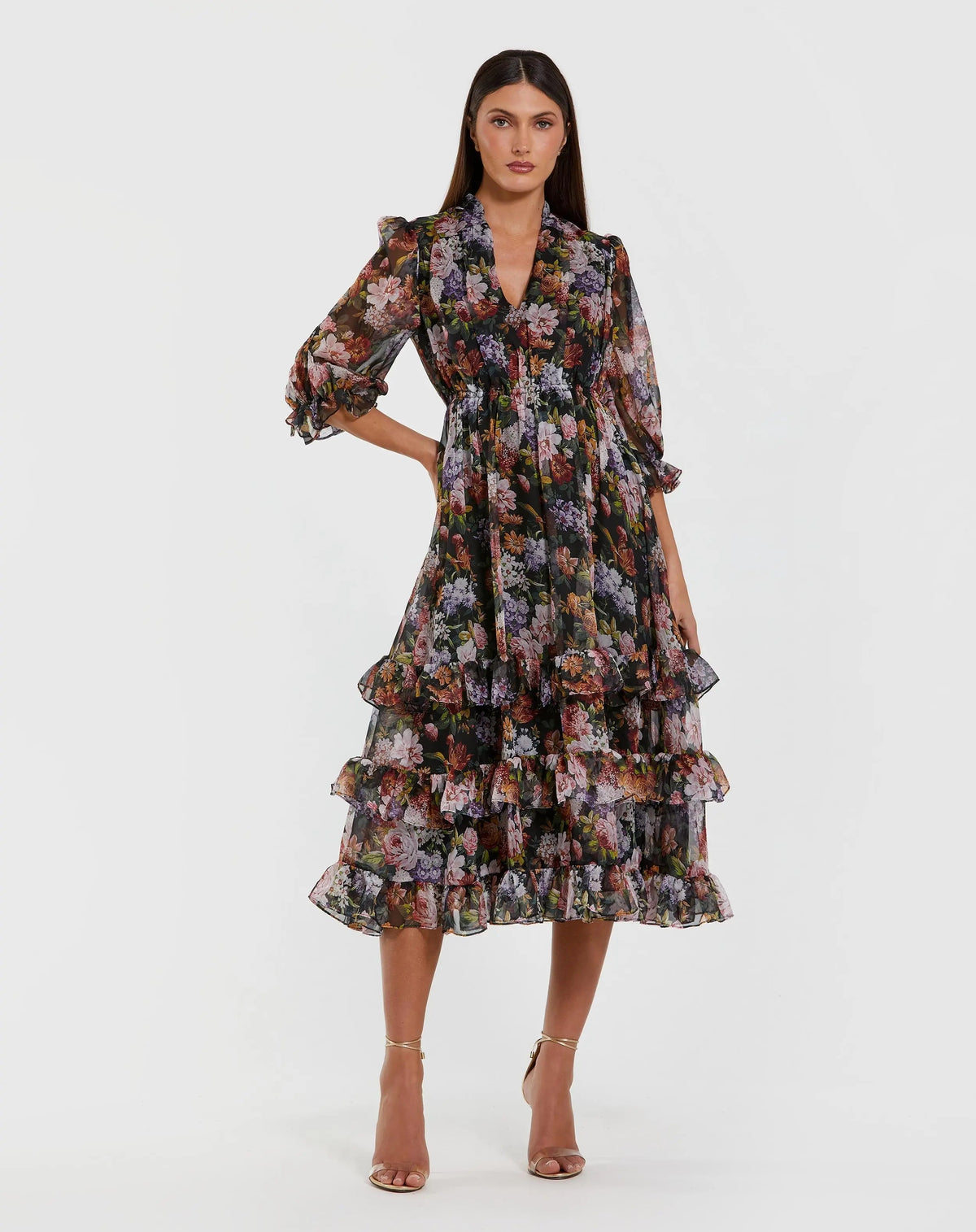 Black Floral Chiffon Ruffle Midi Dress with 3/4 Sleeves