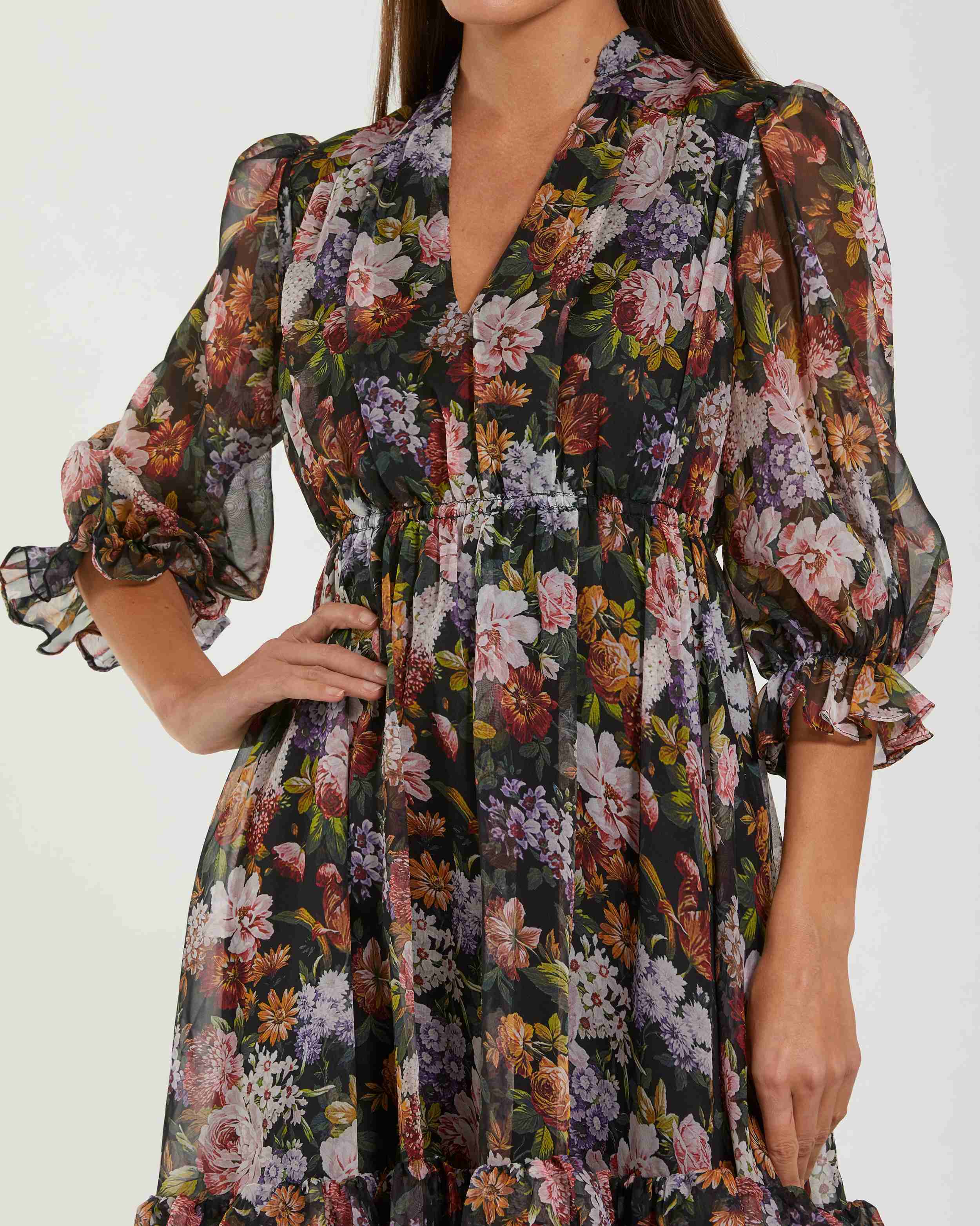 Black Floral Chiffon Ruffle Midi Dress with 3/4 Sleeves