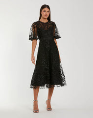 Floral Embroidered Mesh Midi Dress with Flutter Sleeves