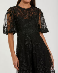 Floral Embroidered Mesh Midi Dress with Flutter Sleeves