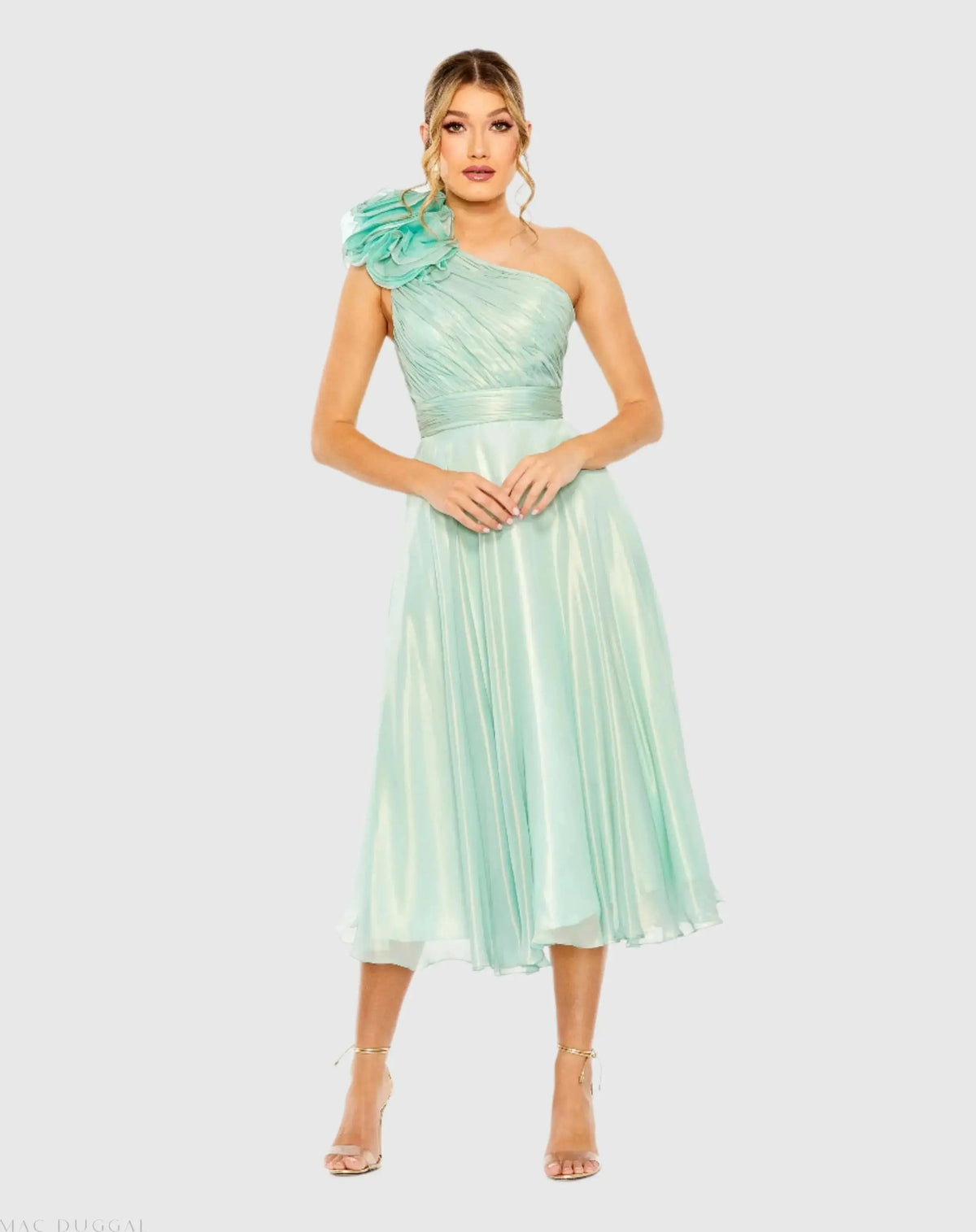 Green Rosette One Shoulder Tea Length Dress - FINAL SALE