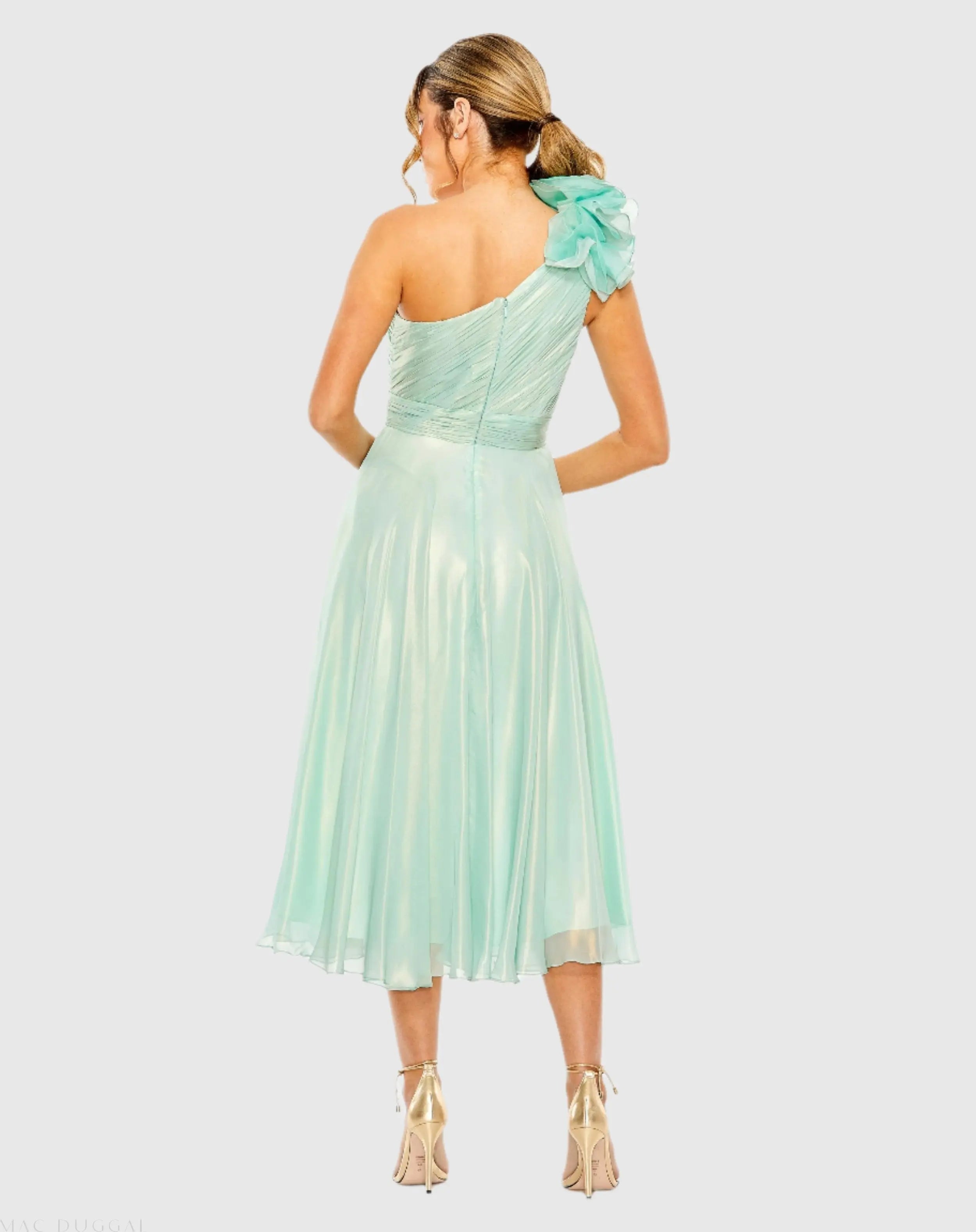 Green Rosette One Shoulder Tea Length Dress - FINAL SALE