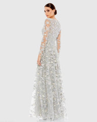 Gray Floral Applique Long Sleeve Illusion Gown