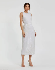 Striped Floral Embellished Sleeveless Midi Dress