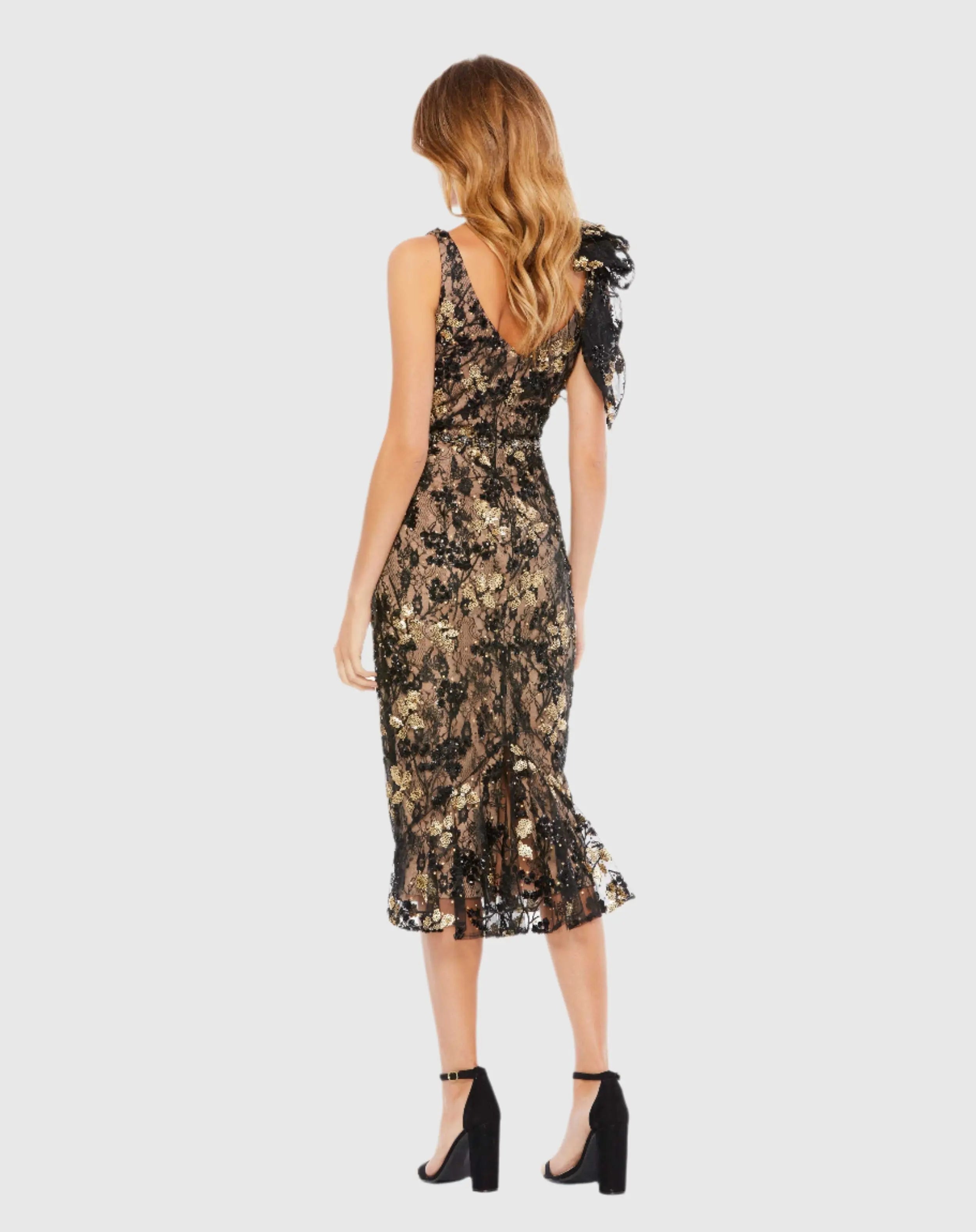 Black Floral Embellished V-neck Midi Dress with Shoulder Bow