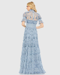Blue Floral Embroidered Smock Neck Tiered Ruffle Dress