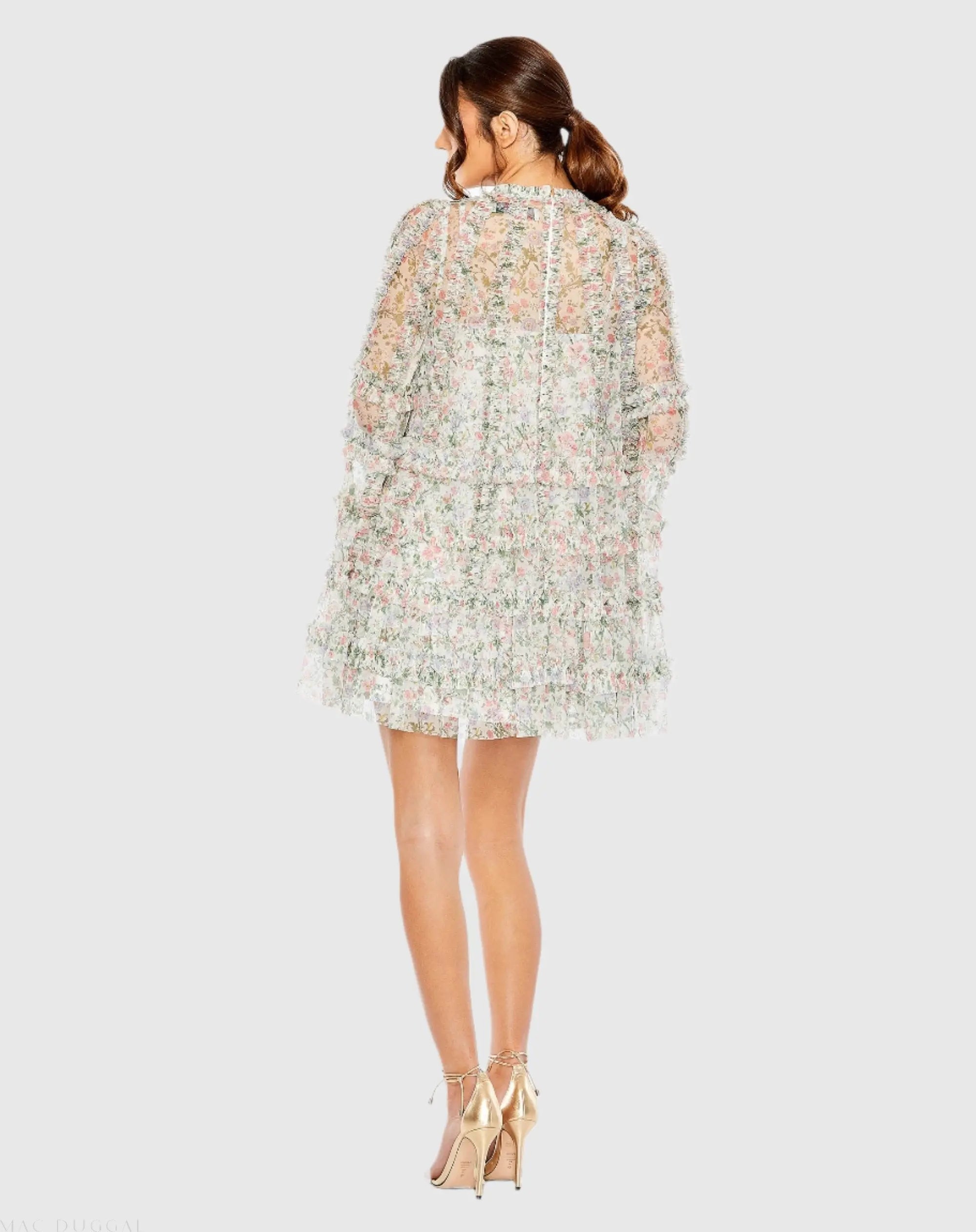Multicolor Floral Print Long Flare Sleeve Mesh A-Line Dress