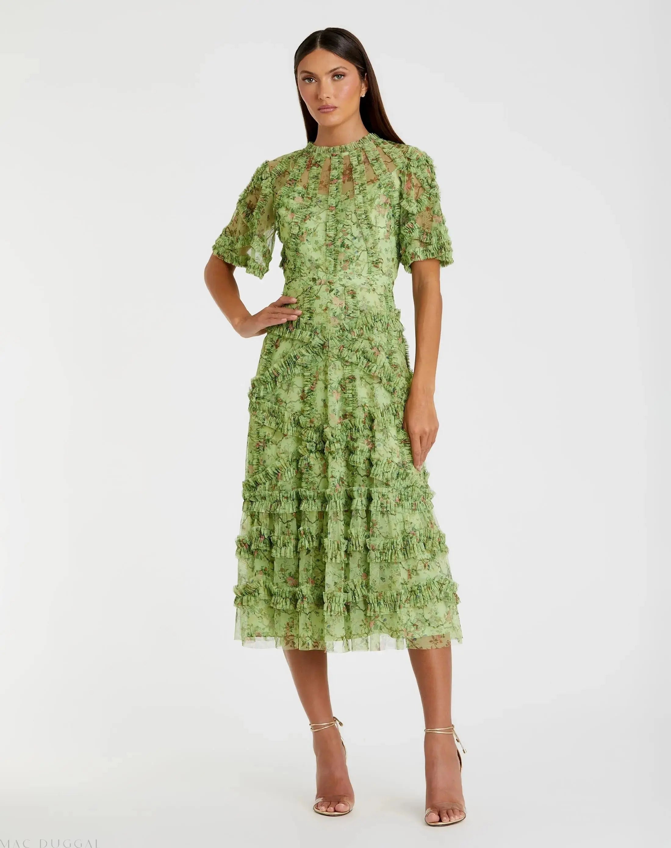 Illusion Floral Midi Dress with Ruffle Detailing