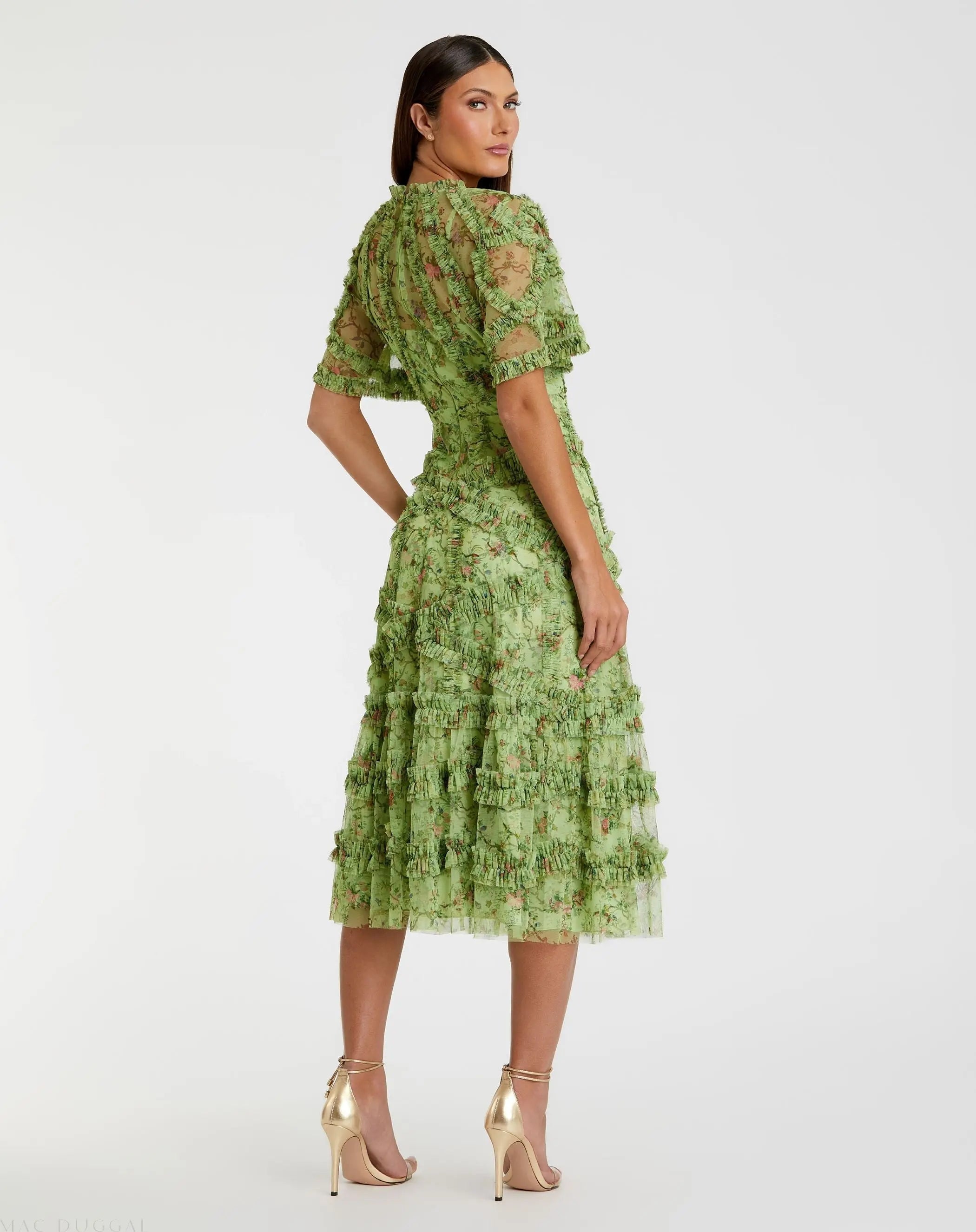 Green Floral Midi Dress with Ruffle Detailing