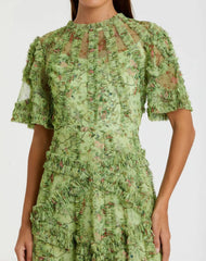 Green Floral Midi Dress with Ruffle Detailing