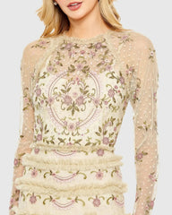 Beige Mesh Polka Dot Long Sleeve Floral Ruffle Tired Gown