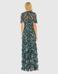 Blue Flutter Sleeve Floral Ruffle Detail Maxi Dress