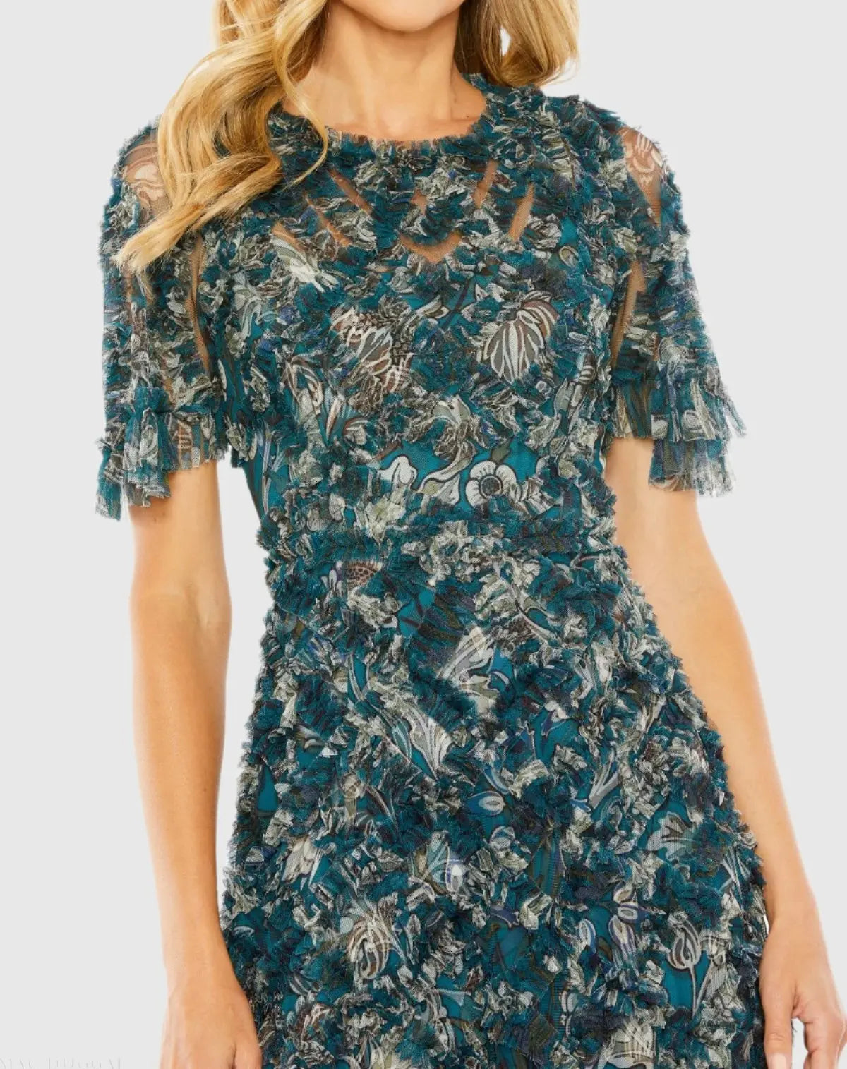 Blue Flutter Sleeve Floral Ruffle Detail Maxi Dress