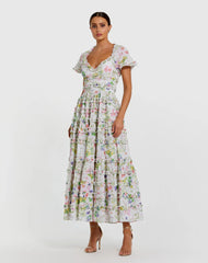 White Floral Ruffle Open Back Cotton Midi Dress