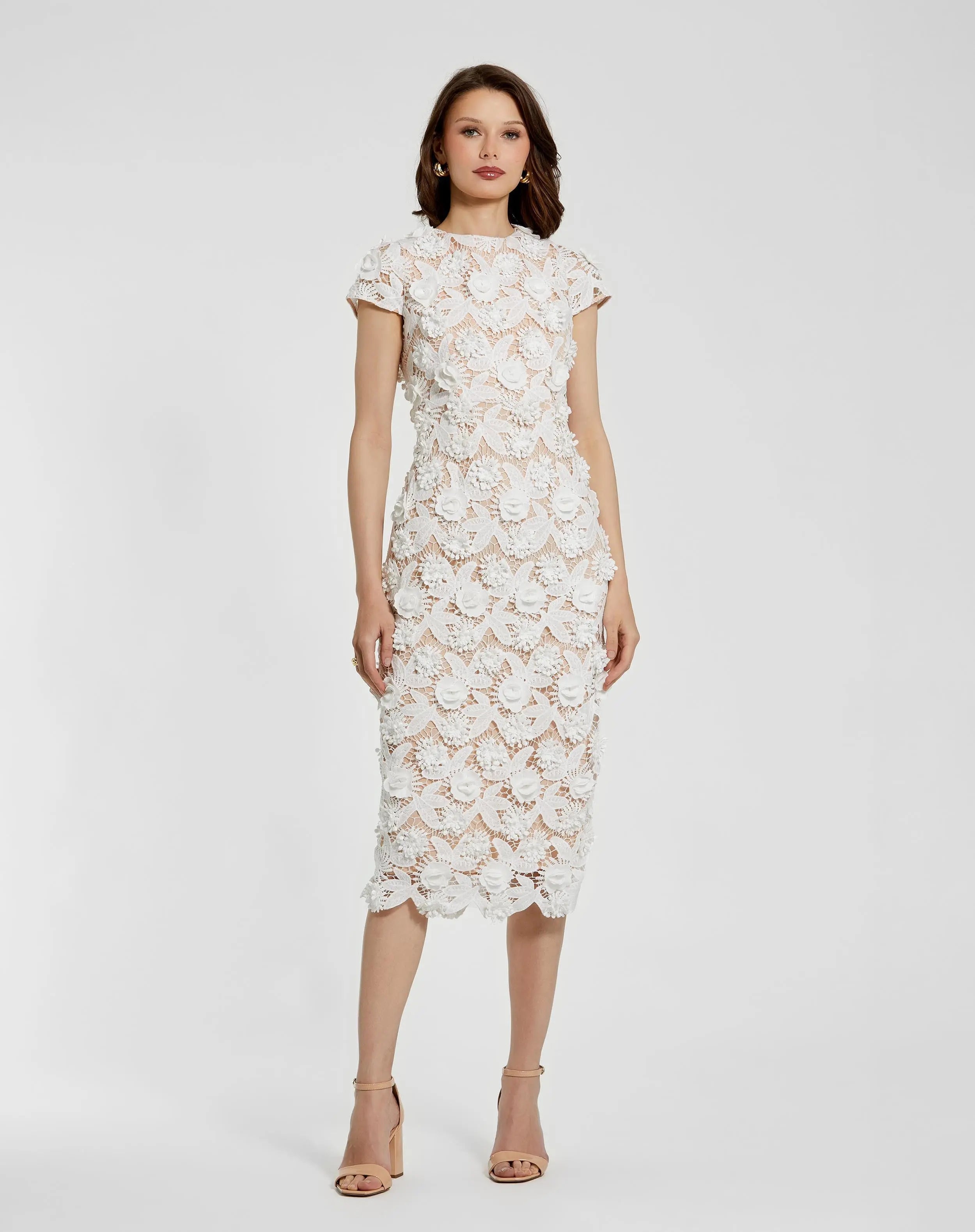 Floral Lace Fitted Short Sleeve Midi Dress