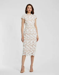 Floral Lace Fitted Short Sleeve Midi Dress
