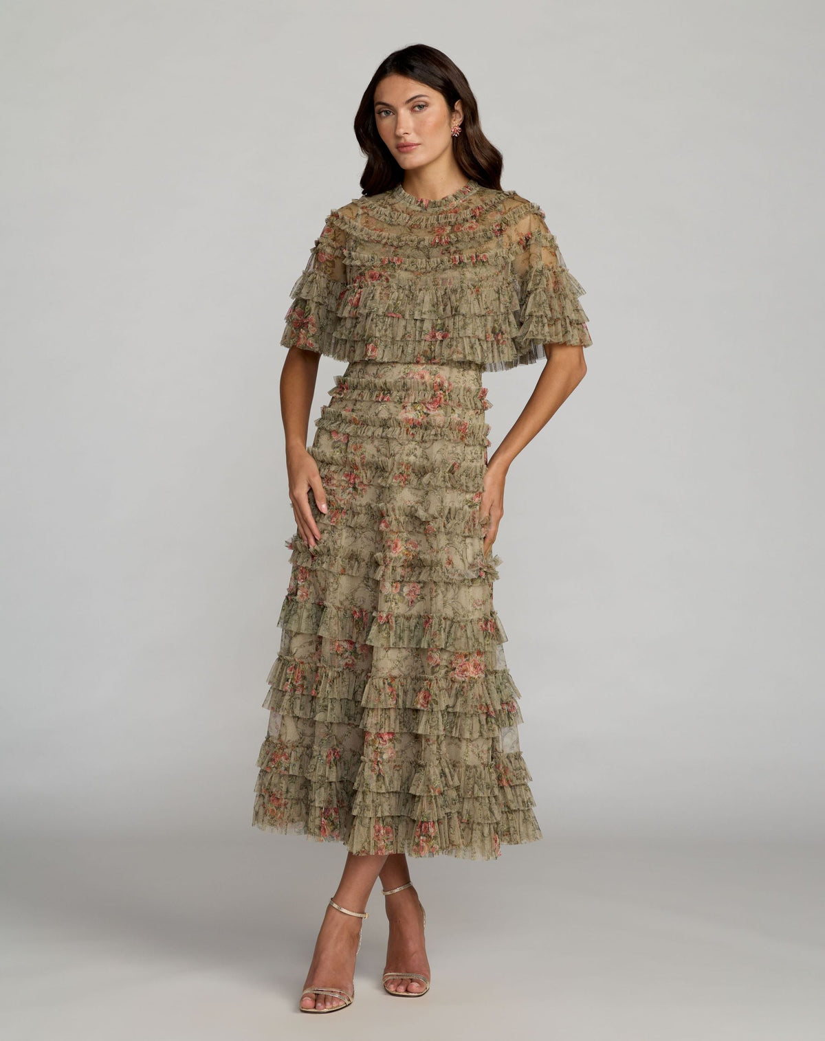 Green Floral Ruffle Midi Dress With Cape