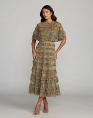 Green Floral Ruffle Midi Dress With Cape