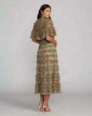 Green Floral Ruffle Midi Dress With Cape